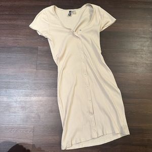 H&M divided ribbed tight button up bodycon dress beige tan